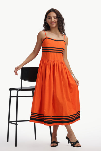 Orange Cotton Padma Midi Dress For Women