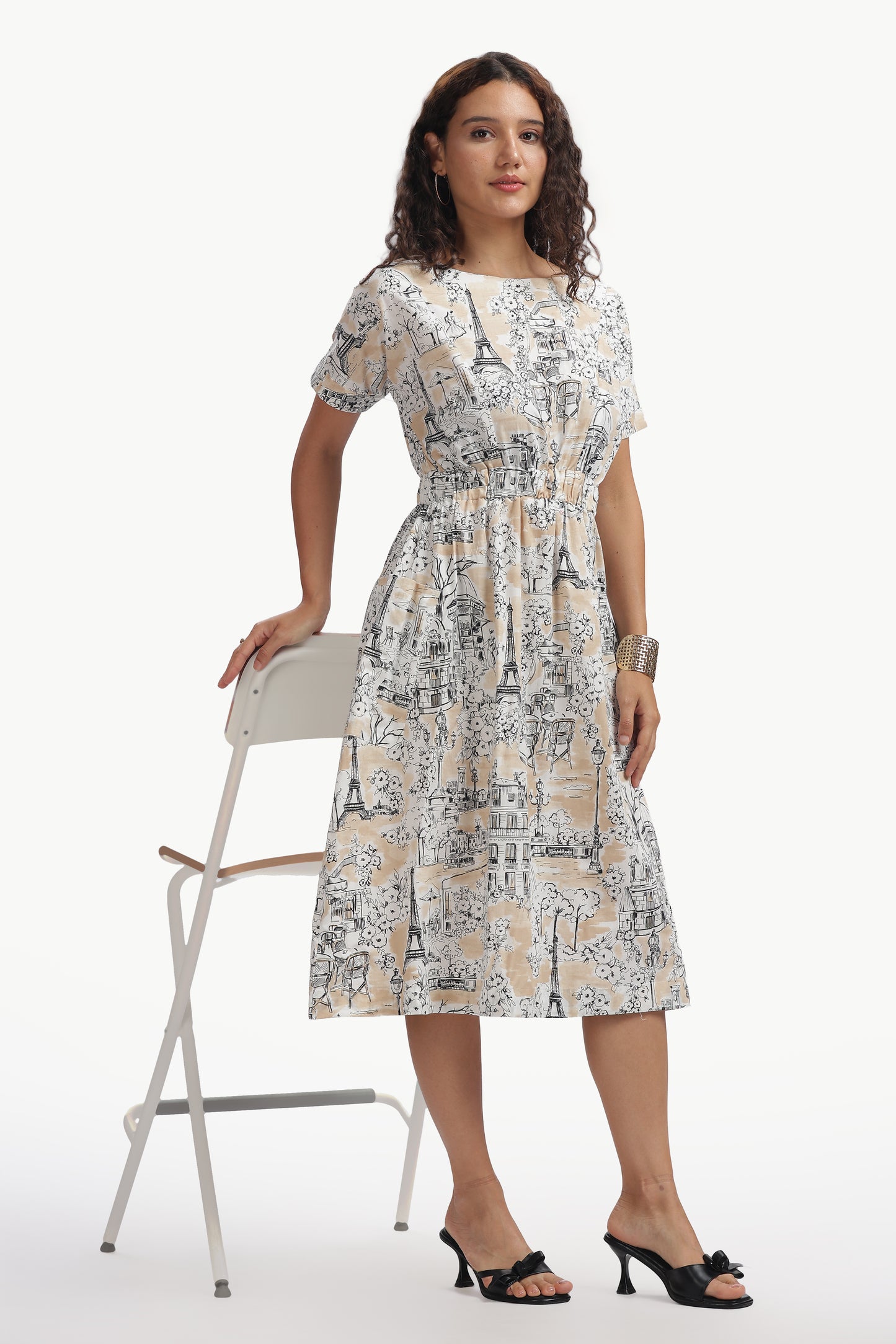 Beige and Black Cotton Poplin Payana Dress for Women