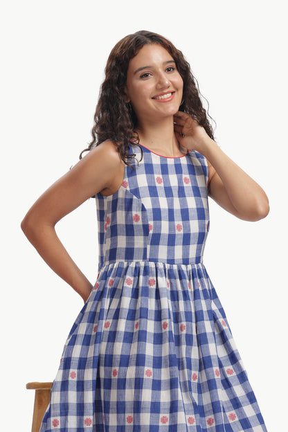 Blue Mul Cotton Neeli Chowka Jamdani Dress For Women