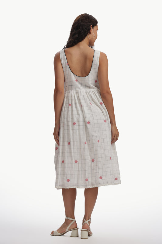 White Cotton Mul Jamdani Dhavala Chowka Dress For Women