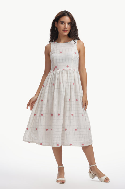 White Cotton Mul Jamdani Dhavala Chowka Dress For Women