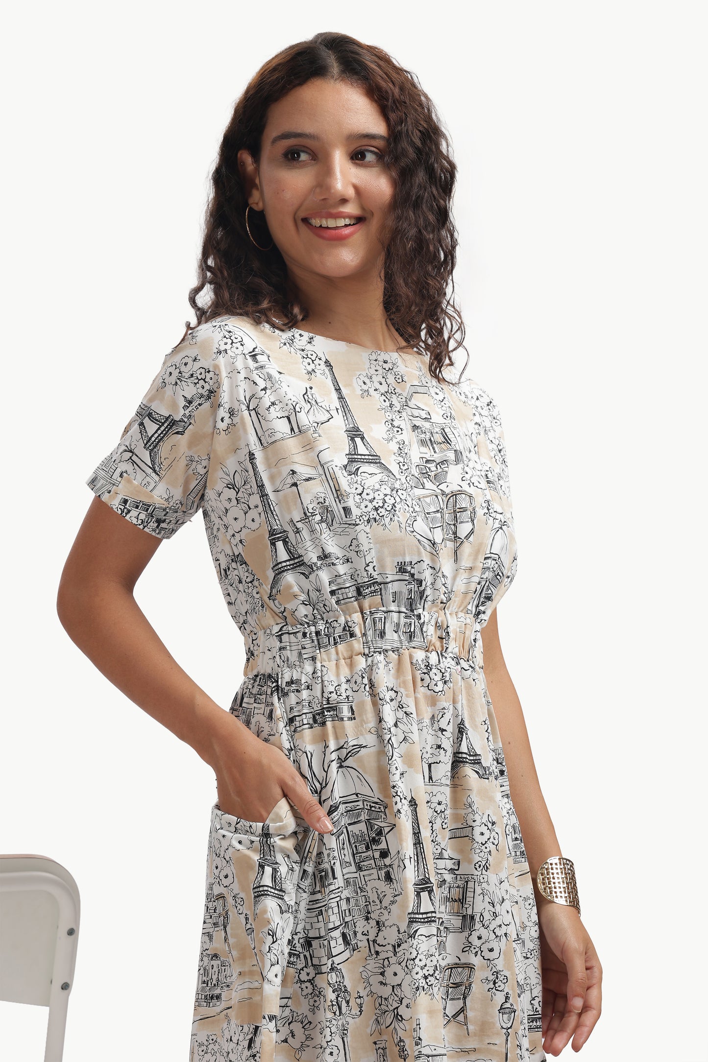 Beige and Black Cotton Poplin Payana Dress for Women