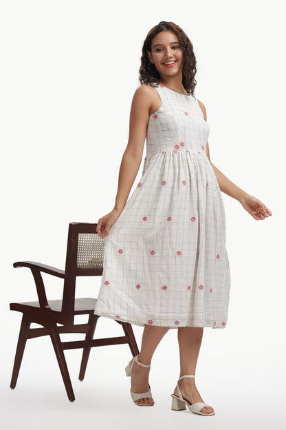 White Cotton Mul Jamdani Dhavala Chowka Dress For Women