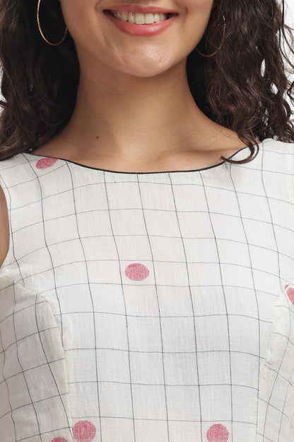 White Cotton Mul Jamdani Dhavala Chowka Dress For Women