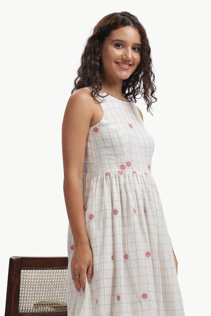 White Cotton Mul Jamdani Dhavala Chowka Dress For Women