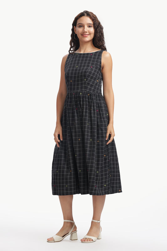 Black Cotton Mul Kasthuri Jamdani Dress For Women