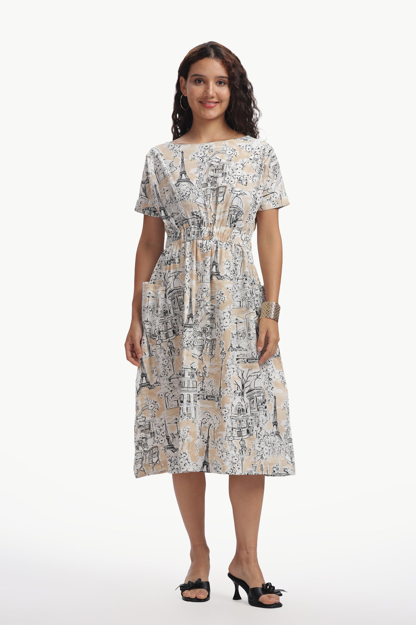 Beige and Black Cotton Poplin Payana Dress for Women
