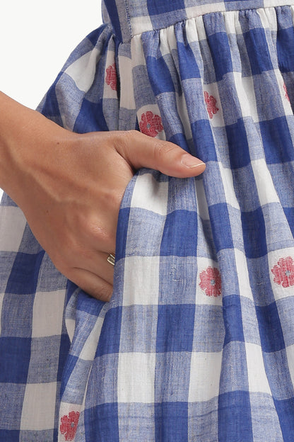 Blue Mul Cotton Neeli Chowka Jamdani Dress For Women