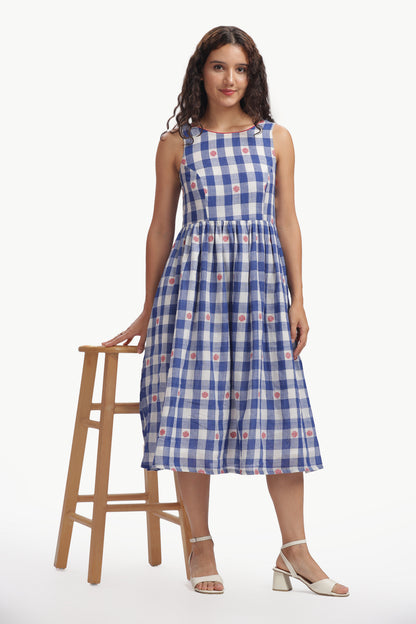 Blue Mul Cotton Neeli Chowka Jamdani Dress For Women