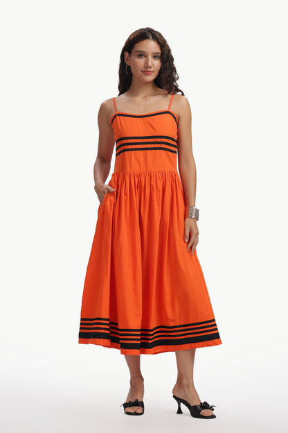 Orange Cotton Padma Midi Dress For Women