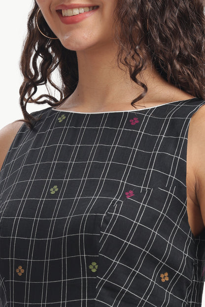 Black Cotton Mul Kasthuri Jamdani Dress For Women
