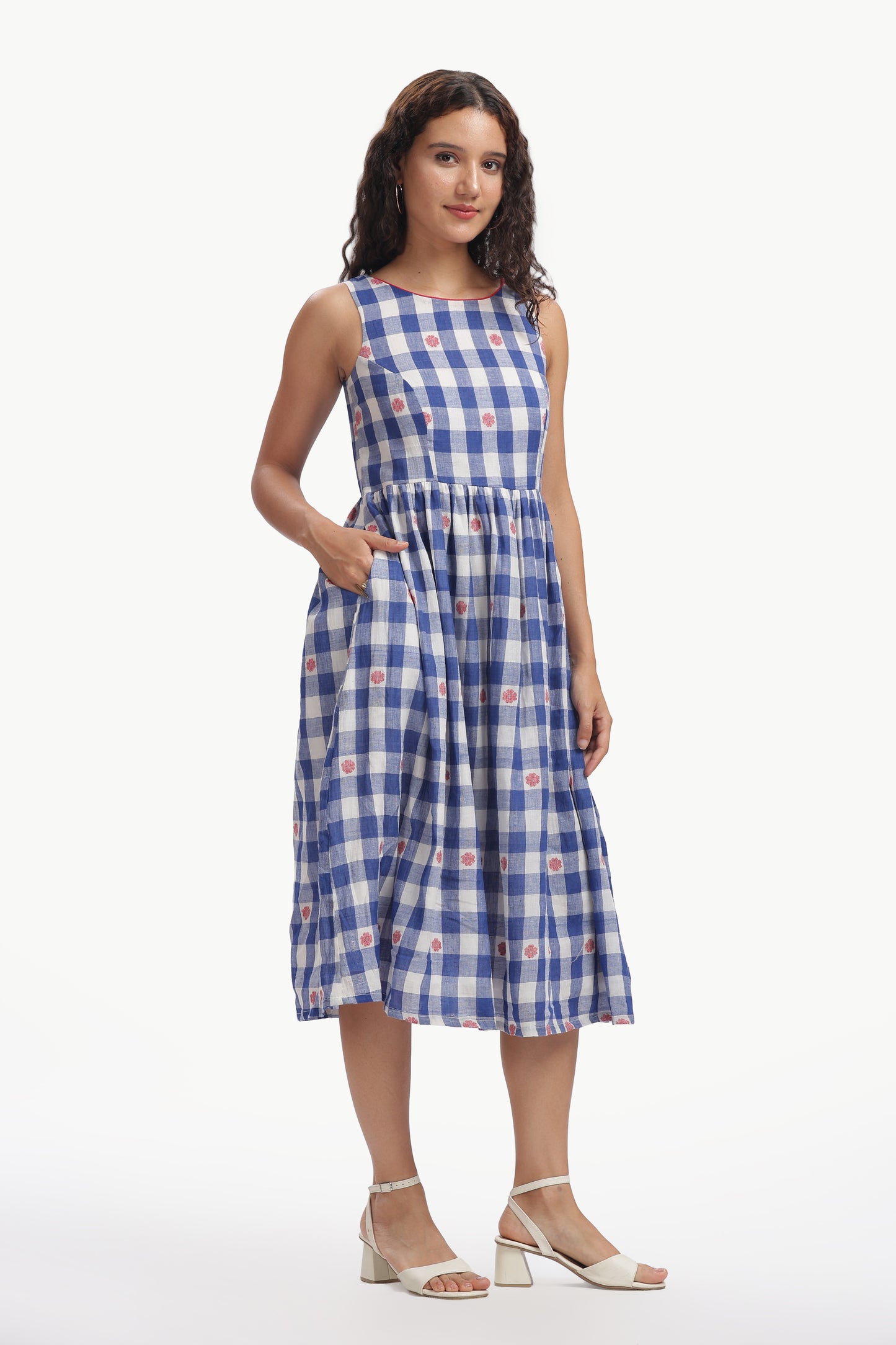 Blue Mul Cotton Neeli Chowka Jamdani Dress For Women